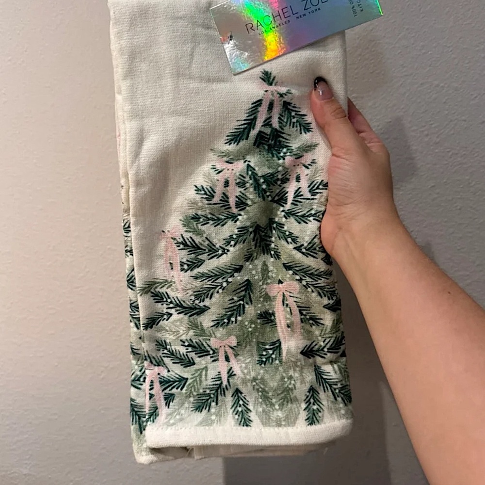 Pink Bows and Pearls Christmas Tree Kitchen Towels (3 Towels Total)